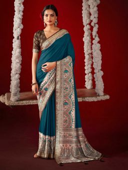 MEENA BAZAAR - Printed Crepe Teal Saree Without Blouse