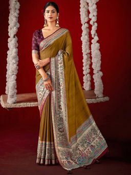 MEENA BAZAAR - Printed Crepe Olive Saree Without Blouse