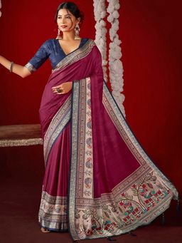 MEENA BAZAAR - Printed Crepe Magenta Saree Without Blouse