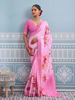 MEENA BAZAAR - Floral Design Art Silk Pink Saree Without Blouse