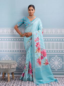 MEENA BAZAAR - Floral Design Art Silk Blue Saree Without Blouse