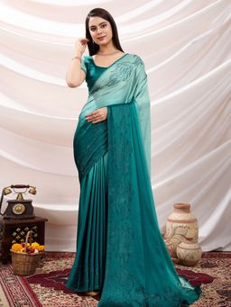 MEENA BAZAAR - Sequence Crepe Teal Saree Without Blouse
