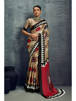 Mysilklove - Walnut Brown Ajrakh Printed Satin Crepe Silk Saree with Unstitched Blouse