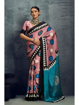 Mysilklove - Amaranthine Pink Ajrakh Printed Satin Crepe Silk Saree with Unstitched Blouse