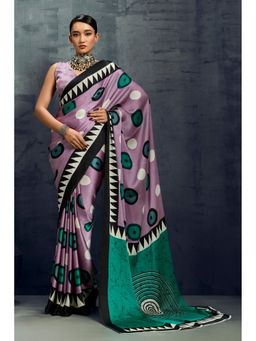 Mysilklove - Thistle Purple Ajrakh Printed Satin Crepe Silk Saree with Unstitched Blouse