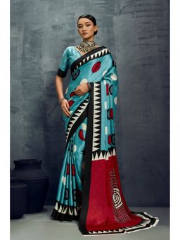 Mysilklove - Dusty Blue Ajrakh Printed Satin Crepe Silk Saree with Unstitched Blouse