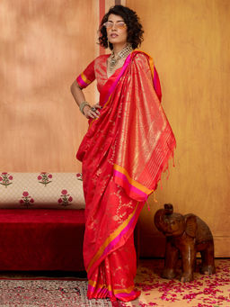 Akhilam - Women Pure Silk Red Woven Designer Saree with Unstitched Blouse