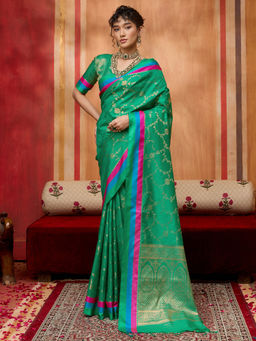 Akhilam - Women Pure Silk Green Woven Designer Saree with Unstitched Blouse