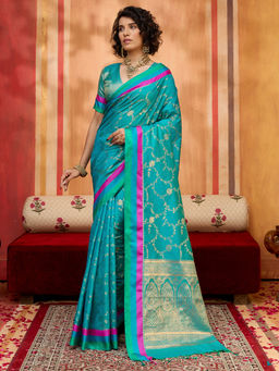 Akhilam - Women Pure Silk Teal Blue Woven Designer Saree with Unstitched Blouse