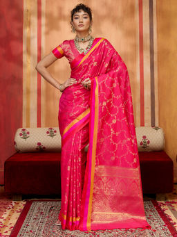 Akhilam - Women Pure Silk Pink Woven Designer Saree with Unstitched Blouse
