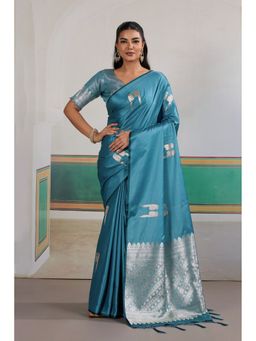 Mysilklove - Boston Blue Handloom Satin Soft Silk Saree with Unstitched Blouse