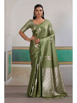 Mysilklove - Artichoke Green Handloom Satin Soft Silk Saree with Unstitched Blouse