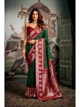 Mysilklove - Harlequin Green Banarasi Soft Silk Saree with Unstitched Blouse