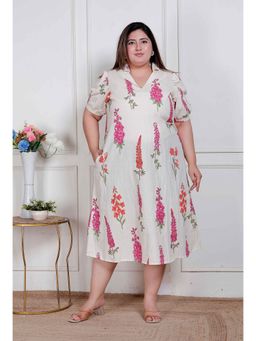Doriyaan - Women Off White Cotton Floral Midi Dress
