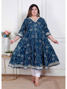 Doriyaan - Women Blue Cotton Floral Anarkali Kurta