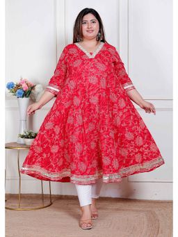 Doriyaan - Women Red Cotton Floral Anarkali Kurta