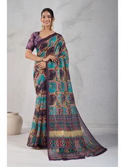 Mysilklove - Dull Blue Digital Printed Saree with Unstitched Blouse