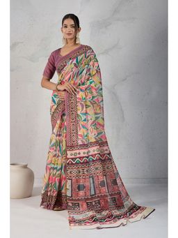 Mysilklove - Multicolor Pink Digital Printed Saree with Unstitched Blouse