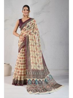 Mysilklove - Cream Smoke Digital Printed Saree with Unstitched Blouse