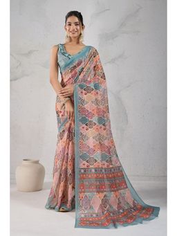 Mysilklove - Dusty Peach Digital Printed Saree with Unstitched Blouse