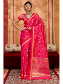 Mysilklove - Hibiscus Pink Handloom Satin Soft Silk Saree with Unstitched Blouse