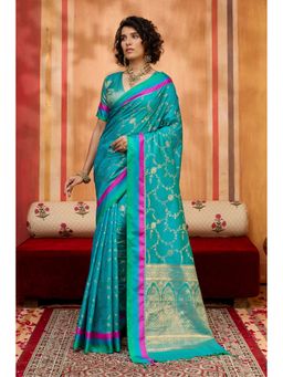Mysilklove - Lagoon Blue Handloom Satin Soft Silk Saree with Unstitched Blouse