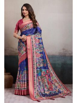 Mysilklove - Polynesian Blue Digital Printed Saree with Unstitched Blouse