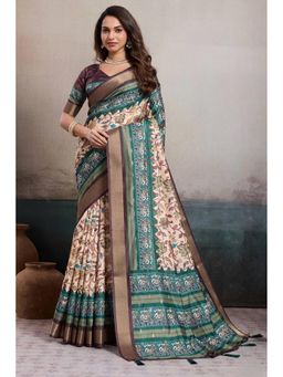 Mysilklove - Hues Cream Digital Printed Saree with Unstitched Blouse