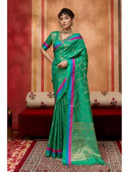 Mysilklove - Meadow Green Handloom Satin Soft Silk Saree with Unstitched Blouse
