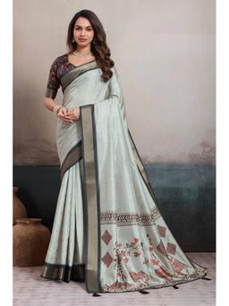 Mysilklove - Platinum Grey Digital Printed Saree with Unstitched Blouse