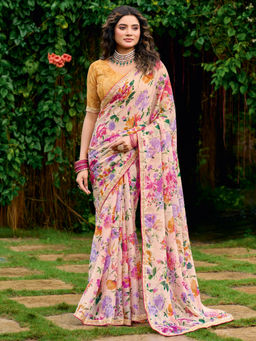 Akhilam - Women Chiffon Beige Floral Printed Festive Wear Saree with Unstitched Blouse