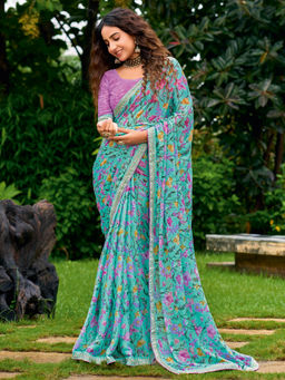 Akhilam - Women Chiffon Blue Printed Festive Wear Saree with Unstitched Blouse
