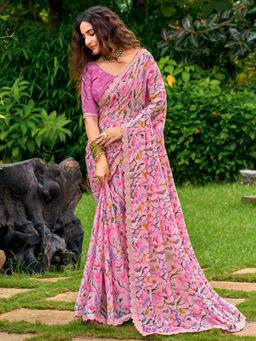 Akhilam - Women Chiffon Pink Printed Festive Wear Saree with Unstitched Blouse