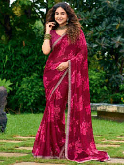 Akhilam - Women Chiffon Magenta Printed Festive Wear Saree with Unstitched Blouse