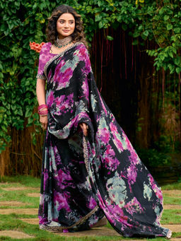 Akhilam - Women Chiffon Multicolored Printed Designer Saree with Unstitched Blouse