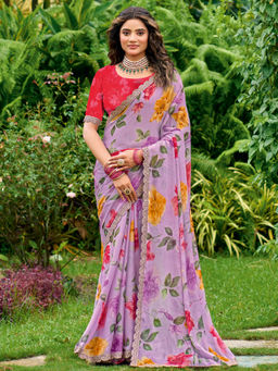 Akhilam - Women Chiffon Lavender Printed Designer Saree with Unstitched Blouse