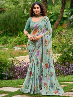 Akhilam - Women Chiffon Sea Green Printed Designer Saree with Unstitched Blouse