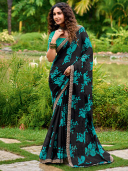 Akhilam - Women Chiffon Black Printed Designer Saree with Unstitched Blouse