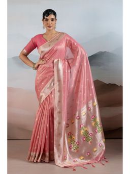 Mysilklove - Rosewater Pink Zari Woven Tissue Pathani Saree with Unstitched Blouse