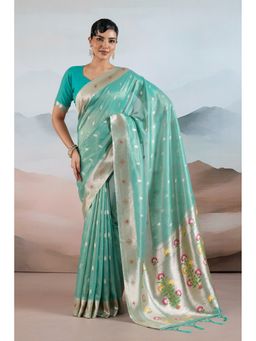 Mysilklove - Imperial Turquoise Zari Woven Tissue Pathani Saree with Unstitched Blouse