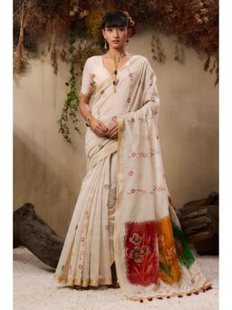 Mysilklove - Milk lace Cream Handloom Muga Cotton Saree with Unstitched Blouse