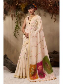 Mysilklove - Coconut Cream Handloom Muga Cotton Saree with Unstitched Blouse