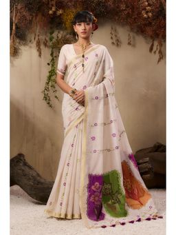 Mysilklove - Porcelain Cream Handloom Muga Cotton Saree with Unstitched Blouse