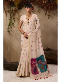 Mysilklove - Custard Cream Handloom Muga Cotton Saree with Unstitched Blouse