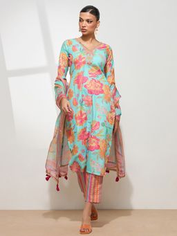HRITIKA - Women Turquoise Floral Kurta with Pant and Dupatta