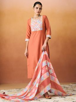 HRITIKA - Women Coral Embroidered Kurta with Pant and Dupatta