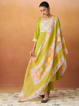 HRITIKA - Women Olive Embroidered Kurta with Pant and Dupatta