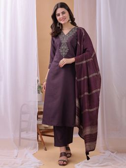 HRITIKA - Women Purple Embroidered Kurta with Pant and Dupatta