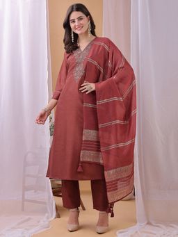 HRITIKA - Women Rust Embroidered Kurta with Pant and Dupatta