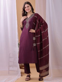 HRITIKA - Women Wine Embroidered Kurta with Pant and Dupatta